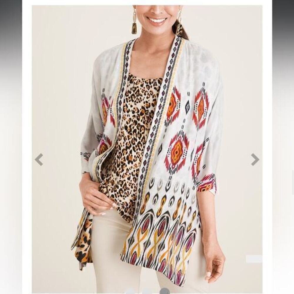 Chico's Reversible Kimono Animal Print Ikat Multicolor Open Cardigan Size L/XL